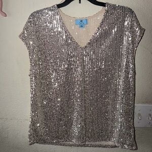CeCe Silver Sequin V-Neck Cap Sleeve Top